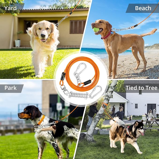 jenico Dog Tie Out Cable - 70 ft Heavy Duty Dog Lead for Yard | Outdoor Runner Cable with Swivel Hook and Shock Spring for Small Medium Large Dogs Up to 500 lbs Dog Tether for Yard Camping - Image 7