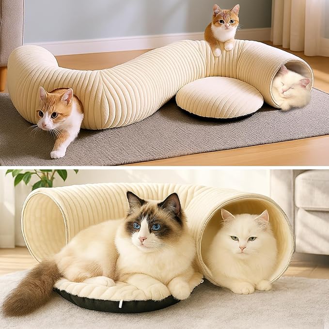 Cat Tunnel Bed with 40 Pcs Interactive Cat Toys, Cat Tube with Kitten Toys for Indoor Kittens, Collapsible Play Tunnel, White - Image 9