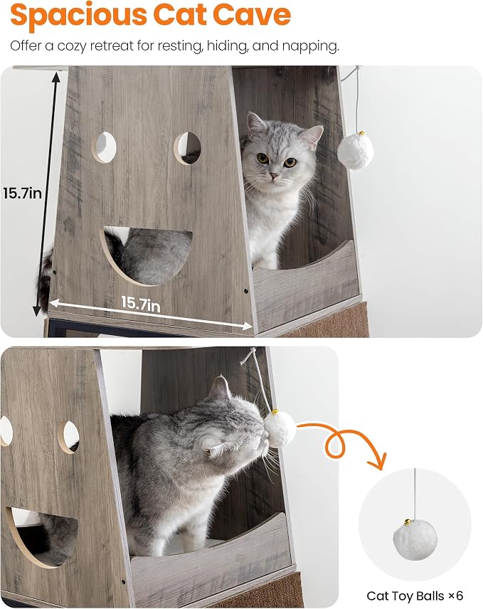 56in Modern Wood Cat Tree Tower for Indoor Cats with Hammock | Multi-Level Climbing Design, 2 Spacious Hammocks, Top Perch, Cat Condo, Scratching Boards, Ideal for Multi-Cat Homes,Greige - Image 6