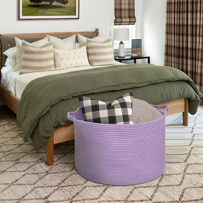 MEGASKET 115L Extra Large Purple Storage Basket, 23.6" X 15.7" Jumbo Woven Cotton Rope Bin for Throw Blankets Pillows, Baby Laundry Basket, Dirty Clothes Organizer, Big Storage Box for Toys, Towels - Image 4
