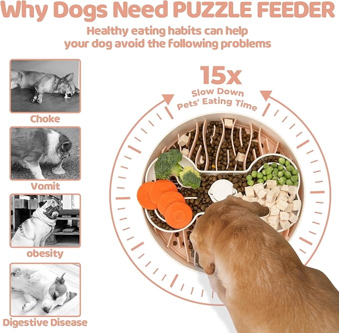 Puzzle Feeder Slow Feeder Dog Bowl for Large Dogs with Non-Slip Base - Adjustable Speed Design, Removable Puzzle Inserts & Dishwasher Safe, Pink - Image 2