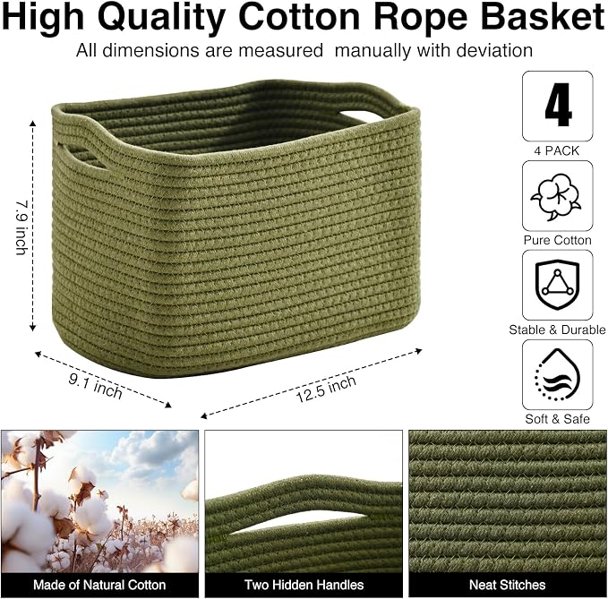 ICERZCZ Storage Basket for Shelves, Small Baskets for Organizing, Woven Cotton Rope Baskets for Storage, Book Basket, Decorative Shelf Basket, 12.5"Lx9.1''Wx7.9''H (4 Packs) Green - Image 3