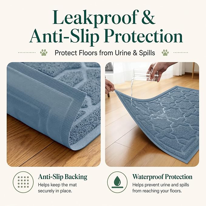 Yimobra Cat Litter Mat, Easy Clean Trapping PVC Mat, 35.4" x 23.6", Waterproof Backing, Non Slip Bottom, Scatter Control Pad for Litter Box, Tea Blue - Image 3