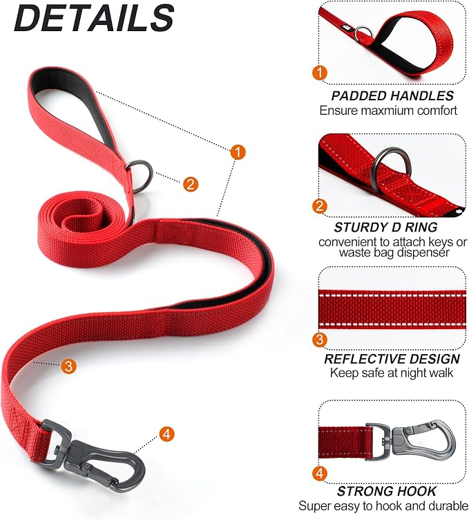 Twoear 5FT 1IN Heavy Duty Dog Leash for Large Dogs with 2 Padded Handles | Traffic Handle Extra Control, Auto Lock Hook, Strong Reflective Walking Leash for Night Safety, Medium and Large Breeds,Red - Image 2