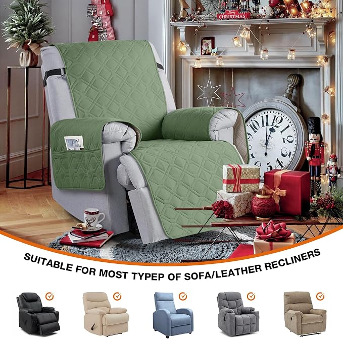 VANSOFY 100% Waterproof Recliner Chair Covers Washable, Bean Green, 25" | Non-Slip, Slipcover with Pocket, Furniture Protector, Elastic Straps, Chair Cover for Pets, Dogs - Image 5
