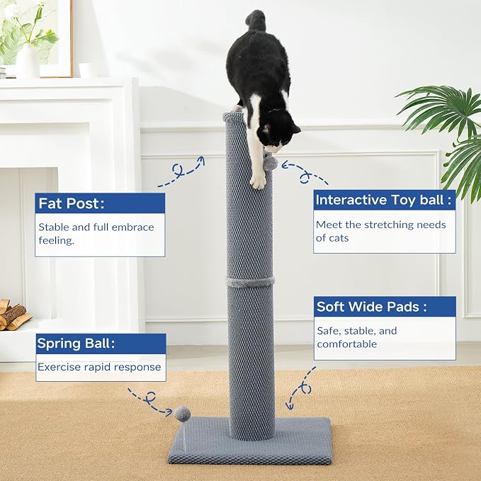 Cat Craft 41" Cat Scratching Post, Gray | Short Plush Fabric, Stable Wide Base, Replaceable Hanging Ball, Full Stretch Design - Image 3