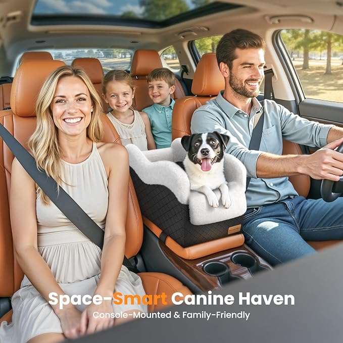 Center Console Dog Car Seat for Small Dogs Under 11lbs, White | Anti-Collapse, Safety Tether, Faux Rabbit Fur-Lined & PU Leather Cover, Washable Puppy Seat for SUV/Truck, Ideal for Travel - Image 7