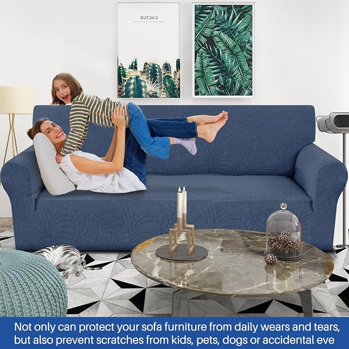 YEMYHOM Couch Cover Latest Jacquard Design High Stretch Sofa Covers for 3 Cushion Couch, Pet Dog Cat Proof Slipcover Non Slip Magic Elastic Furniture Protector (Large, Begonia Leaf Navy) - Image 2
