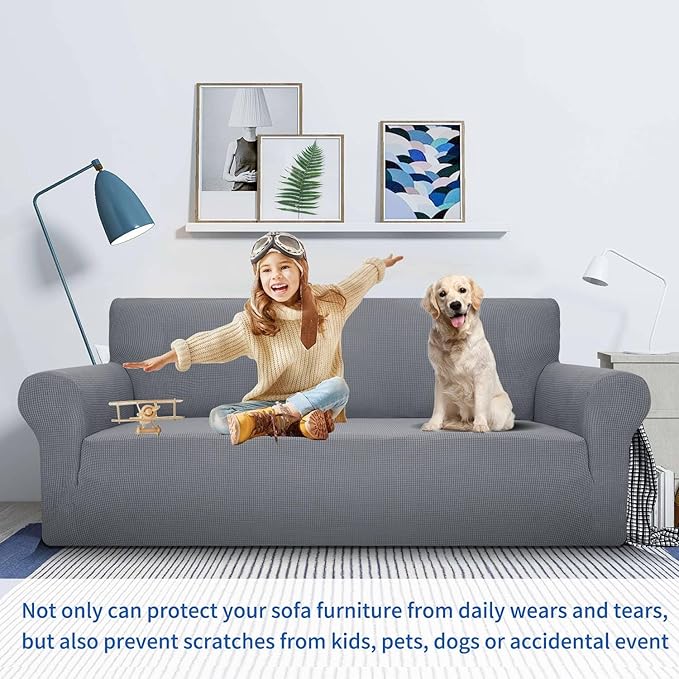 MAXIJIN Super Stretch Couch Cover for 3 Cushion Couch, 1-Piece Universal Sofa Covers Living Room Jacquard Spandex Furniture Protector Dogs Pet Friendly Fitted (Large, Light Gray) - Image 2