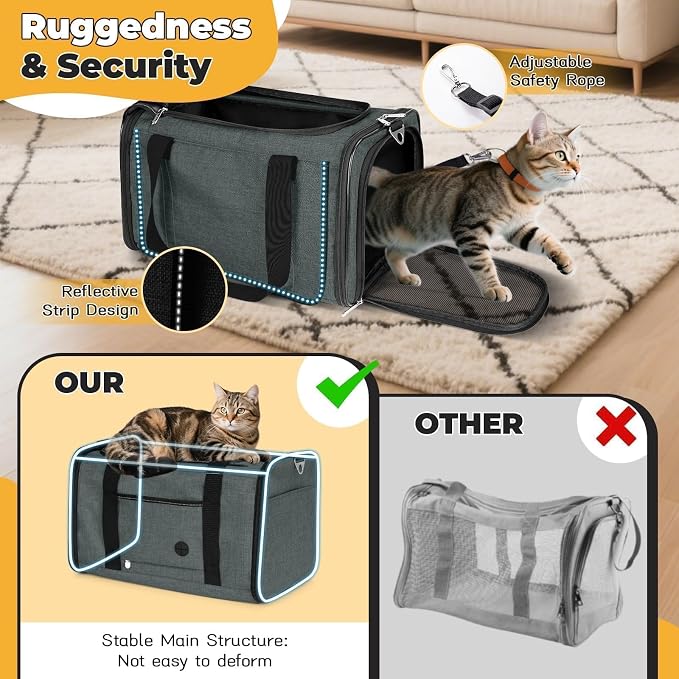 YUDODO 25lbs Cat Carrier Lightproof Soft Sided Pet Carrier for Large Cat | Airline Approved, Lightproof Breathable Design, Side Pockets, Durable Mesh, Foldable and Portable, Grey green - Image 5