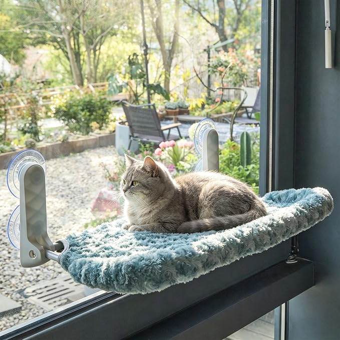 YUNIQUE Cat Window Perch with Cushion Rim, Upturned Edge Bracket, Portable Wall Hammock for Indoor Cat, Green by YUNIQUE