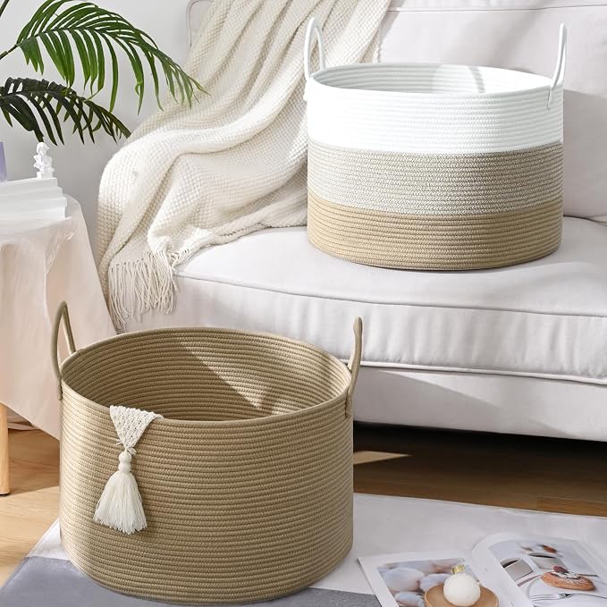 67L Large Woven Blanket Basket, Cotton Rope Baby Laundry Hamper with Handles, Kids Toy Basket for Classroom & Nursery, Soft Round Stuffed Animal Storage, Dog Toy Bin - 20"x13", Gradient Brown - Image 9