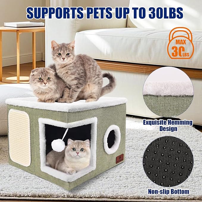 Cat Beds for Indoor Cats, Large Cat Cave Bed with Scratch Pad and Fluffy Ball, Foldable Cat Hideaway, Cat House with Reversible Cushion for Multi Small Pet Up to 30LBS, Green - Image 3