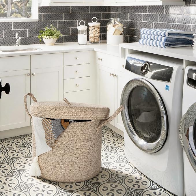 15”x13” Storage Basket with Lid, Blanket Storage for Living Room, Woven Cotton Rope Bin with Cover, Kids Dog Toy Box, Baby Laundry Basket with Lid, Covered Blankets Pillows Holder, Brown - Image 7