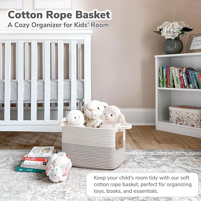 Goodpick Woven Rope Storage Basket for Shelves, Rectangle, Mix White | 13" × 10" × 9" Stylish Gift Basket for Nursery & Bedroom Organization, Cotton Rope Baskets for Toys & Baby Essentials Storage - Image 2