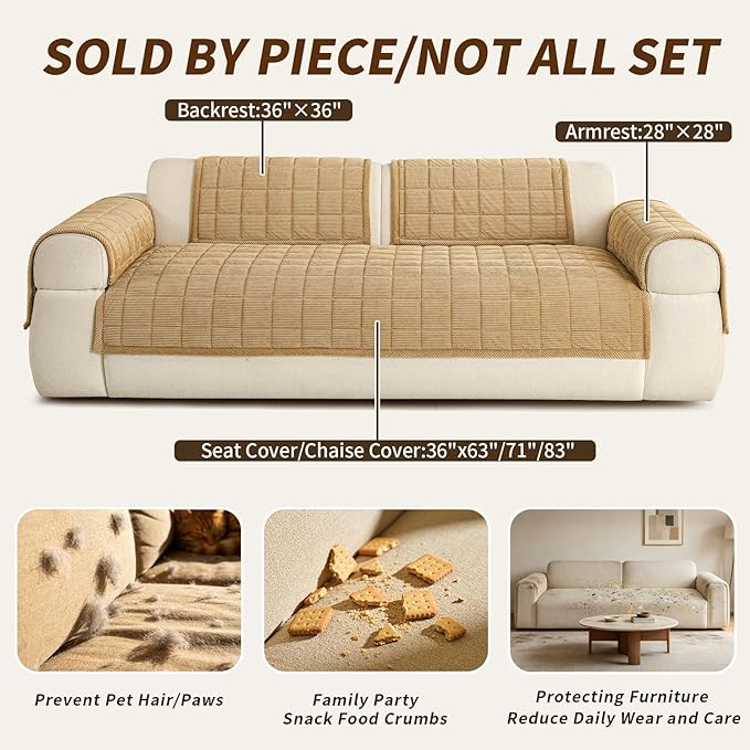 Couch Covers for Sectional Sofa, L Shaped Modular Couch Cover | 35”x63” Light Brown Velvet Non Slip Sofa Covers Washable for Loveseats, Couch Protect Against Pet Hair, Scratches & Stains - Image 4