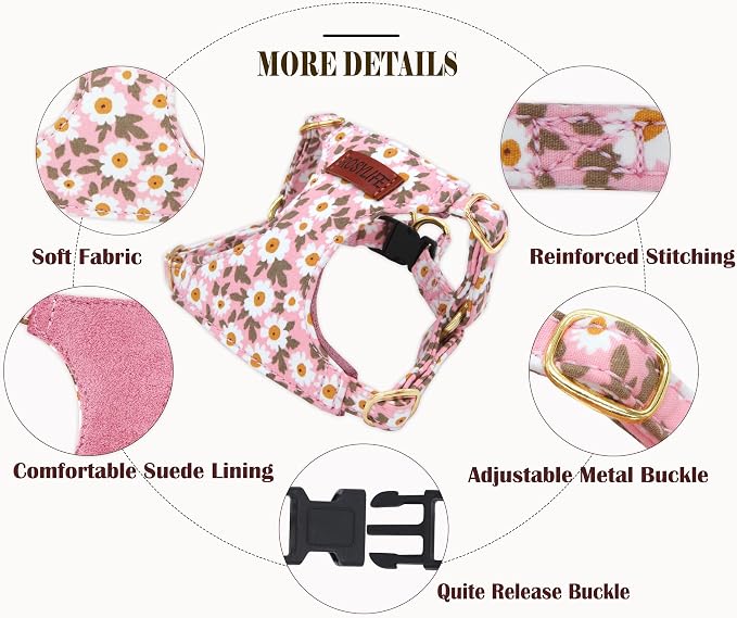 No Pull Dog Harness & Leash Set, Adjustable XX-Small, Pink Daisy, Fashionable, Cute, Stylish, Escape Proof, Includes Leash - Image 4