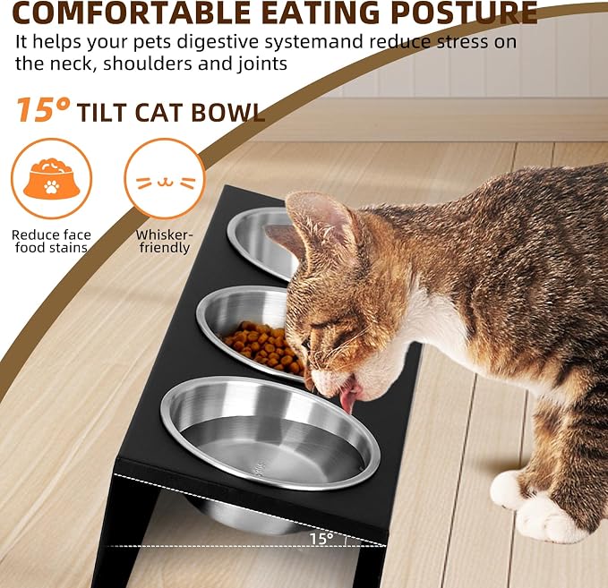 Elevated Cat Food Bowls [3 Pack] - 15° Tilted Stainless Steel, Anti-Vomit Raised Pet Feeder with Non-Slip Base, Ergonomic Whisker-Friendly Bowl Set for Indoor Cats & Kittens - Image 2