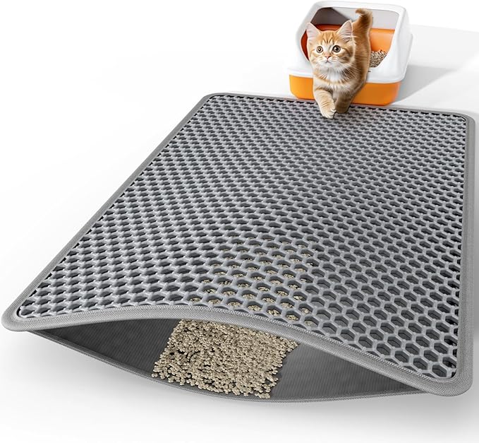 Powools Cat Litter Mat, Double-Layer, 46 x 35 in, Urine-Proof, Grey | Non-Slip Litter Trapping Mat, Easy to Clean, Kitty Litter Mats for Floor, Scatter Control, Waterproof Litter Box Mat for Cats by Powools