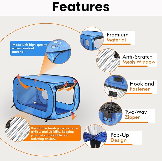 Portable Collapsible Pop Up Kennel, 36" L x 22" W x 22" H, Blue | Collapsible indoor/outdoor travel cat and dog crate with mesh screen windows pops up and folds flat for easy storage - Image 4