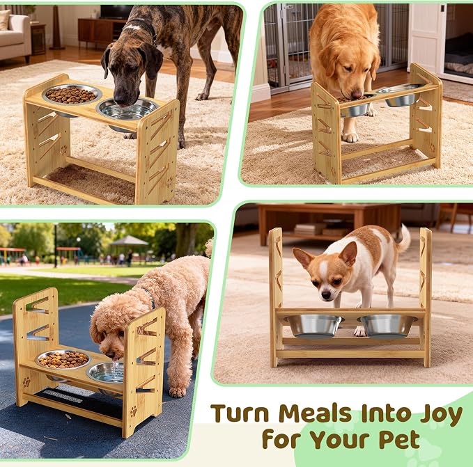 Elevated Dog Bowls, Adjustable Raised Dog Bowl Stand for Large and Medium Pet, 15" High Bamboo Pet Food Feeder with 2 Stainless Steel Dishes（6 Heights） - Image 7