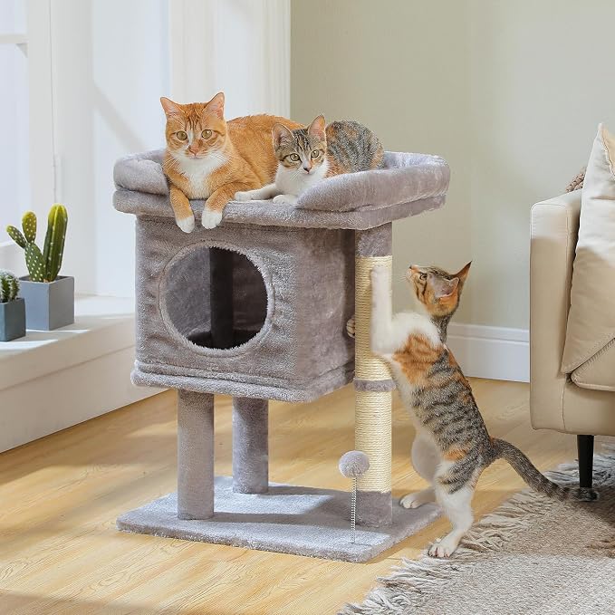PAWZ Road 26" Cat Tree for Indoor Cats, Small Tower with 19X13”Bed | Cozy Cat Condo with Tall Sisal Posts & Spring Ball, Raised Edge Bed Keeps Cats Secure Compact for Corners or by Window - Image 7