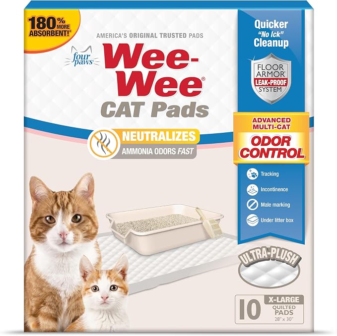 Four Paws Wee-Wee Cat Pads, Unscented, 10 Count | Disposable litter box mats, great for under litter boxes, advanced odor control, fast absorption, litter tracking, 28" x 30" - Image 8