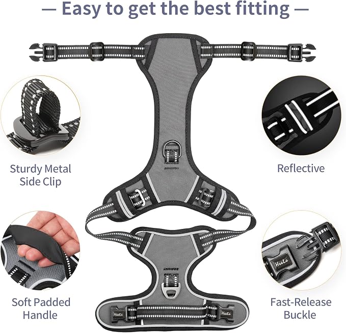 HEELE Dog Harness, No Pull Adjustable Padded Reflective Harness for Small Medium Large Dogs with Handle for Walking Training, Grey, XL | Soft Breathable Padded for Large Harness, No Pull No Choke, Adjustable 2 Metal Rings for Outdoor Walking Training - Image 3