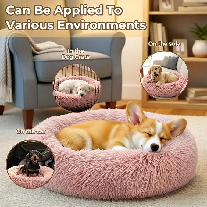 Calming Anti-Anxiety Donuts Dog And Cat Bed, Round Fluffy Soft Washable Small Medium Pet Bed For Puppy And Kitten, Cuddler Warming Comfortable Luxury Anti-Slip Waterproof Mute Base 24in Pink - Image 5