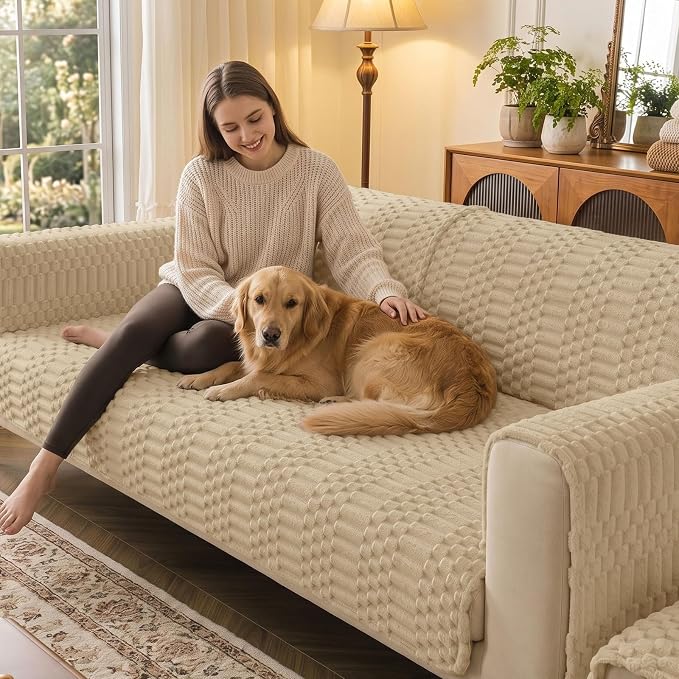 Smiry Waterproof Couch Covers for Dogs Washable, Non Slip Pet Sofa Cover | Plush Scratch Resistant Flannel Furniture Protector for Dogs, Khaki, 36" x 47" - Image 2