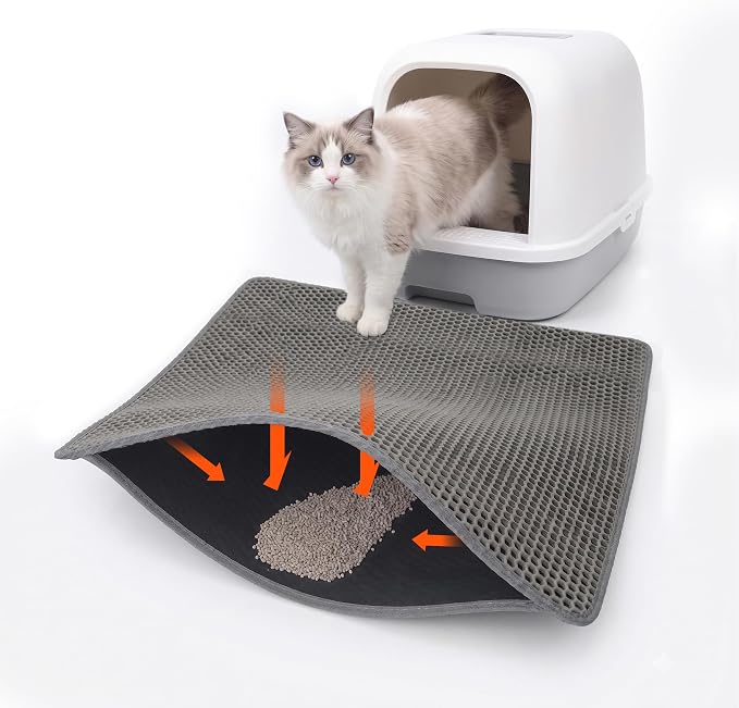Cat Litter Mat, Double Layer Litter Trapping Mat, Gray (24" x 15") | Waterproof cat mat for litter box. Washable EVA kitty litter mat & scatter control honeycomb litter box mat by Unknown