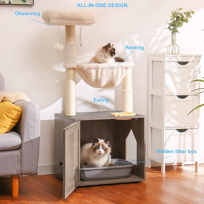 Hey-brother Cat Tree Tower, Litter Box Enclosure, Food Station, MPJ100SG | 47.24 Inches Wooden All-in-one Cat House, Large Hammock, Bed, Scratching Posts, Modern Style for Indoor Cats, Rustic Gray - Image 2