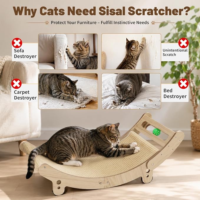 31.5" Sisal Cat Scratcher Bed with Bell Balls Wooden Cat Furniture(XXL) | Cat Scratching Post for Indoor Cats Hammock.Natural Sisal Cat Scratch.Anti Slip and Stable Without Shaking.Easy to install - Image 4