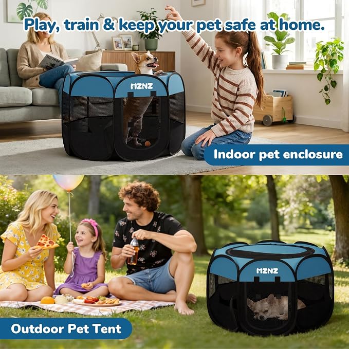 Dog Cat Small Animal Puppy Playpen Crate, Small, Blue Black | Portable Pop Up Pet Cage Enclosure Tent Kennel Indoor Outdoor with Carrying Case, No Assembly, Camping Use - Image 4
