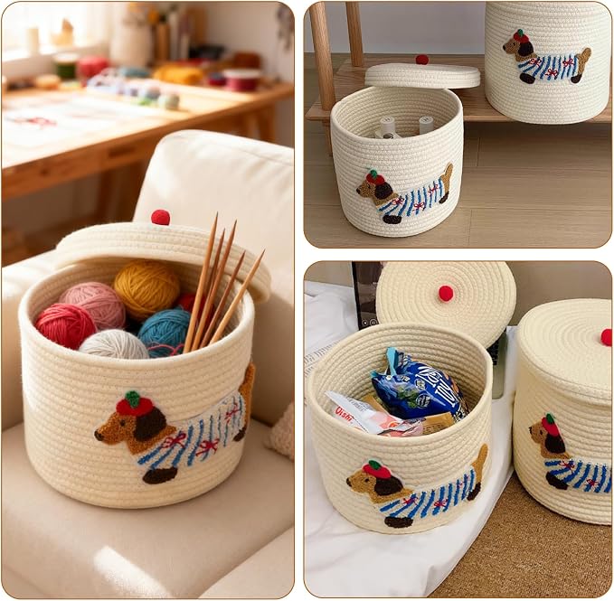Cute Dog Cotton Rope Storage Basket with Lid, 10"×10"×9" Woven Storage Bin, Large Capacity Dustproof Toy Organizer, Decorative Laundry Hamper for Living Room, Nursery, Kids Room (Small) - Image 6