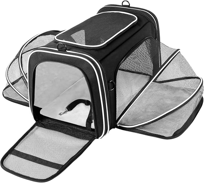 TSA Airline Approved Large Pet Travel Carrier,4 Sides Expandable with 2 Mesh Pockets,3 Entry, Soft Sided Collapsible Dog Carrier for 2 Cats,Kittens,Puppies,Dog, X-Large, Black & White by MASKEYON
