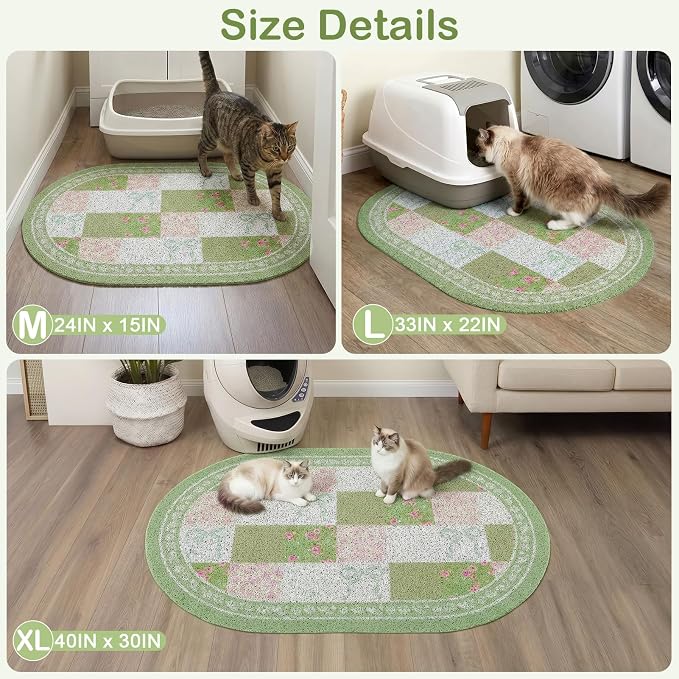 Bienbee Cat Litter Mat, 24" x 15" Litter Box Mat Rug with Non-Slip Bottom,Urine and Water Proof, Easy to Clean Cat Supplies Essentials for Indoor Kitty Kitten Floor, Green Floral Knot M - Image 7