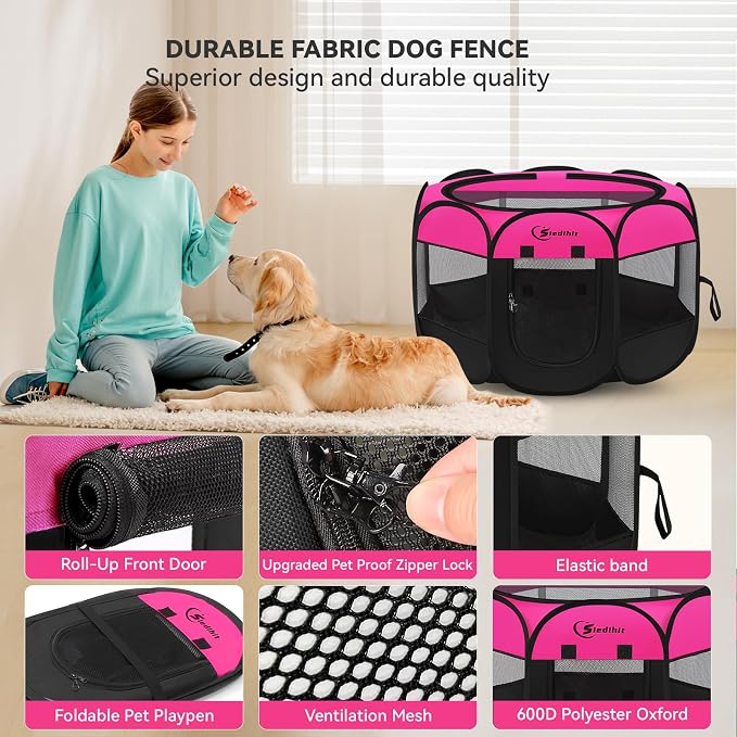 Siedihit Dog Cat Playpen, Large Puppy Pet Playpen, Dog Crate Tent Cage | Indoor/Outdoor, Portable Pop Up Dogs Kennel Playpen with Carrying Case for Dogs/Cats/Rabbits, Hot Pink - Image 7