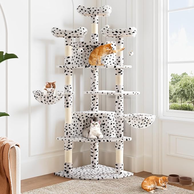 Allewie 73in Fan-Shaped Space-Saving Corner Cat Tower/Multi-Level Tall Cat Tree for Indoor Kitties/Cozy Baskets/Condos/House/Perches/Sisal Scratching Posts/Pet Activity Center/White & Black Spot - Image 2