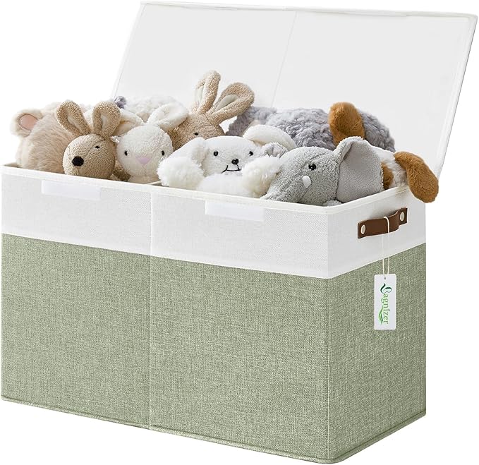 Bagnizer Large Toy Storage Box with Lids, Collapsible Sturdy Baby Storage Organizer Chest Bin Basket for Kids, Boys, Girls, Playroom, Nursery, Bedroom, Closet 25"x13"x16" (Green and White) by Bagnizer