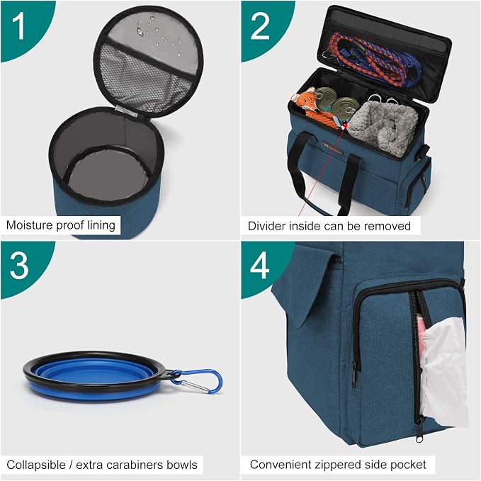 Modoker Weekend Dog Travel Bag Set with 2 Food Bags, 2 Bowls and Mat,Blue | Dog Travel Accessories Organizer for Camping and Road Trips with Roomy Storage, Multiple Pockets and Water-Resistant Oxford - Image 4