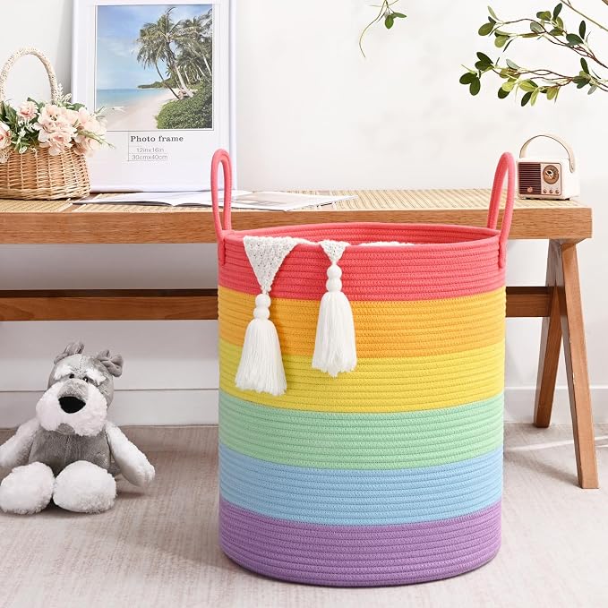 Laundry Hamper for Organizing, 52L Large Laundry Baskets, Cotton Rope Woven Blanket Basket, Collapsible Laundry Hamper for Living Room, Nursery, 15"×18", Rainbow - Image 2