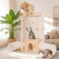58 Inch Large Solid Wood Cat Tree, Tall Cat Tower for Indoor Cats, Cat Tree House with Double Tunnels, Sisal Scratching Posts, Washable Cushion, Hanging Balls, Natural by REGMUSE