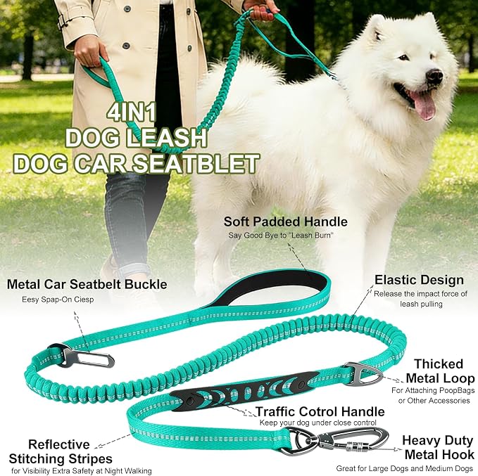 Dog Leash Heavy Duty, Bungee Leash Reflective Car Seat Belt for Dogs Green | 4-6FT Strong Shock Absorbing Tactical with 2 Padded Handles, Dog Tug Lead for Large Dogs Walking Running Training - Image 4