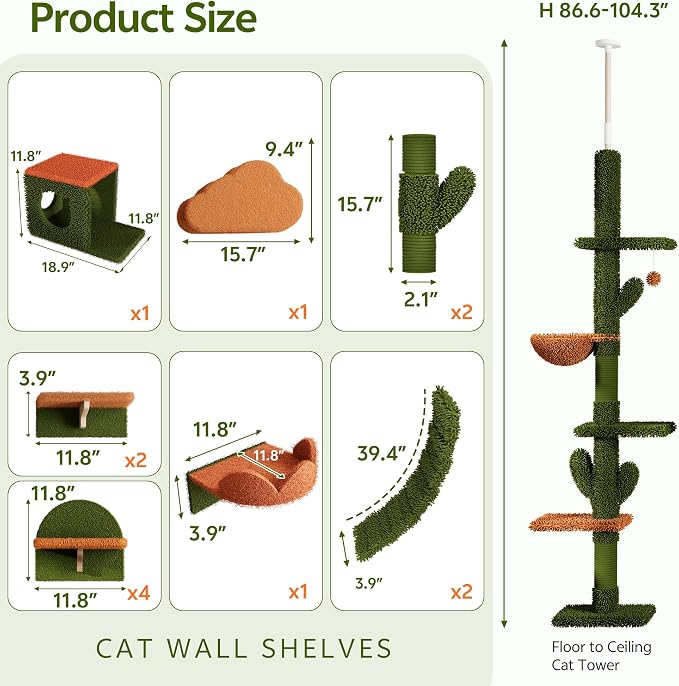 Cactus Floor to Ceiling Cat Tower, 14-in-1 Cat Wall Shelves, Green | Cats Tree with Adjustable Height(87-104 IN), Cat Climbing Wall Furniture Set for Adult Cats, with Scratching Post, Cloud - Image 2