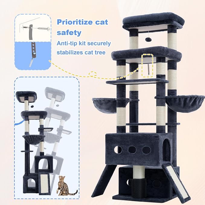 Hey-brother Cat Tree Tower with Multi-Level Platforms, Cozy Condos, MPJ085G | 71.5 Inches Cats House, Scratching Posts with 2 Hammocks, Scratch Board, 2 Plush Baskets for Multiple Indoor Cats, Smoky Gray - Image 6