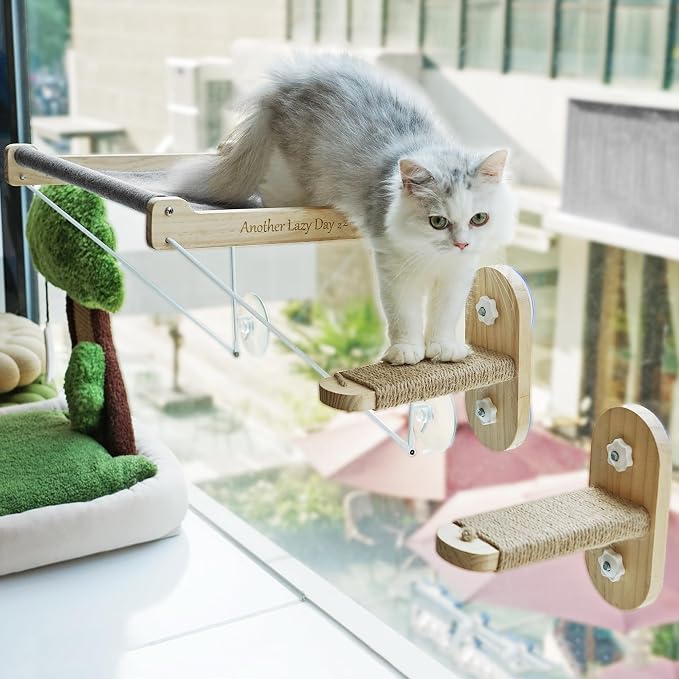 PETKARAY Cat Window Perch, Foldable Cat Hammock for Window, Stable Window Shelves for Indoor Cats, Set Includes 2 Pack of Window Stairs by PETKARAY