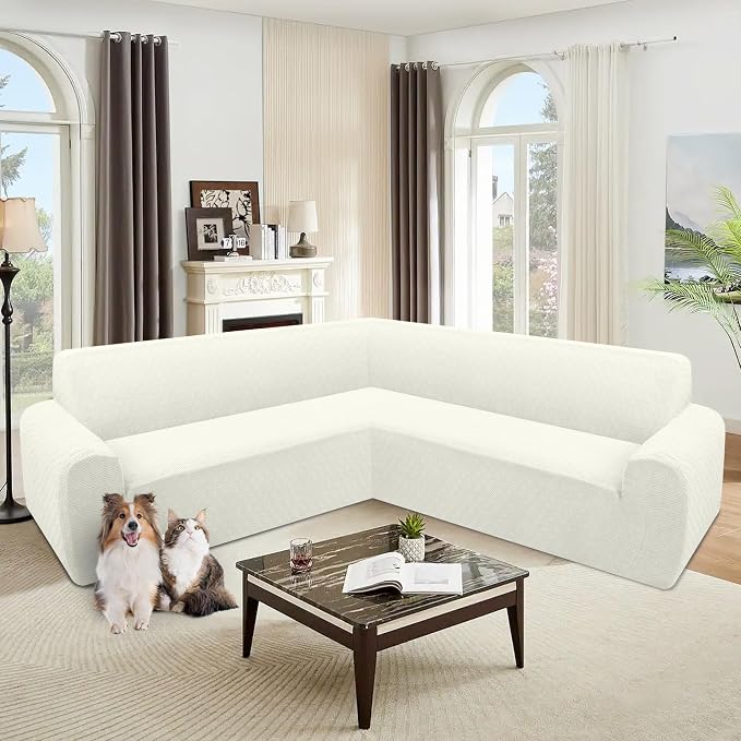 ALIECOM Corner Sectional Couch Covers Washable Sofa Cover L Shaped Couch Cover for Dogs Pets Stretch Soft Sectional Slipcovers with Non Slip Strips U Shape Furniture Protector (Cream White, Medium) - Image 2