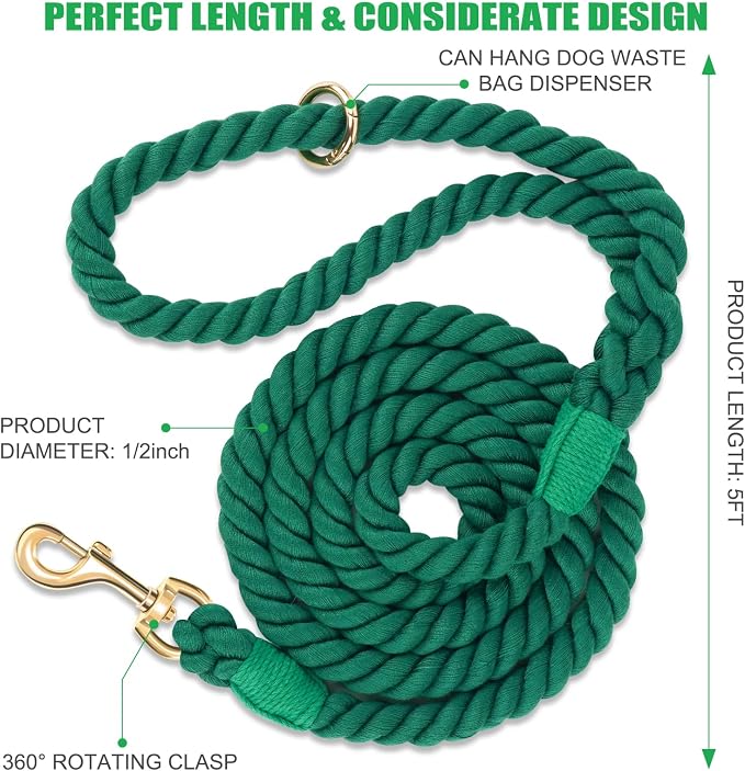 5 FT Handmade Rope Dog Leash for Small Medium and Large Dogs | Soft and Comfortable Grip, New Golden Heavy Duty Metal Clasp, Dark Green - Image 2