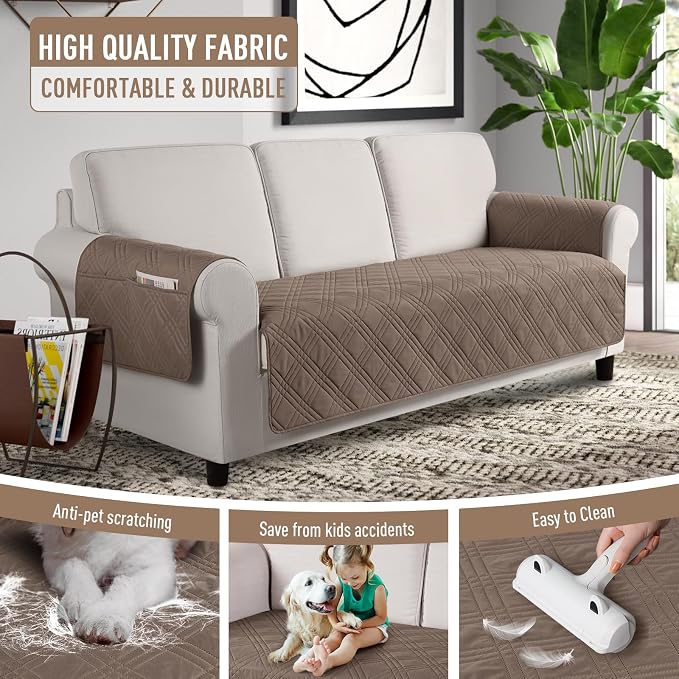 TAOCOCO Waterproof Couch Covers for Dogs, Non Slip Pet Sofa Cover, 72.4'' | Washable Couch Seat Covers with Arms for 3 Cushion Couch, Dog Couch Cover Protector, Pockets & Backless Design, Taupe - Image 4